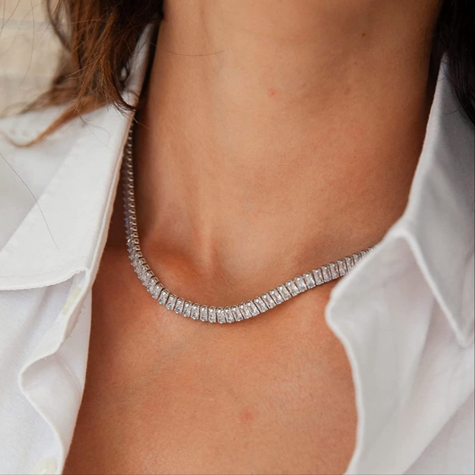 14k White Gold Choker Tennis Necklace Emerald Cut Simulated Diamonds